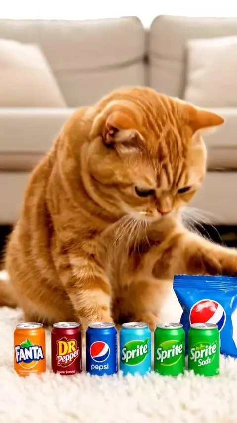 Orange tabby cat sitting on a rug with miniature soda cans, playing with a blue Pepsi bag.