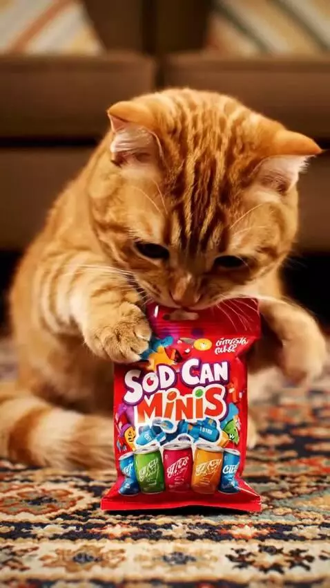 An orange cat on a rug looking excitedly at a miniature Coca-Cola can.