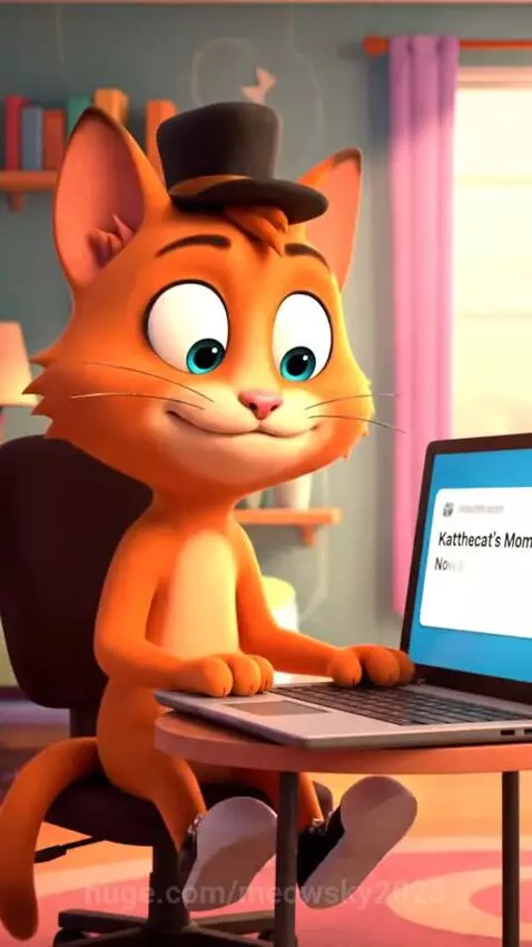 Animated orange cat wearing a top hat sits at a desk, typing on a laptop, then looks worried as a dad questions the transformation.