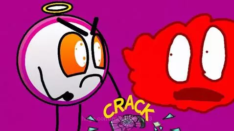 Animated white circular character with halo looking angry at a red blob, then a larger dad character scolds a sad smaller character.