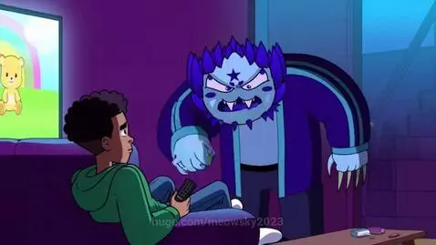 Angry blue-skinned character with star on forehead yelling at a boy sitting on a couch with a TV remote.