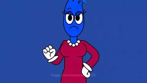 Animated blue male and female characters arguing, with other characters present.