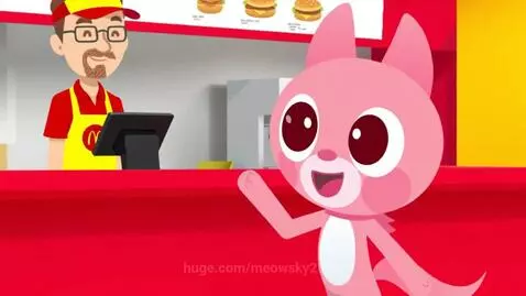 Pink animated cat character ordering a large fast-food meal at a counter with friends.