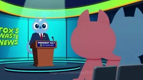 Animated blue cat 'President Volt' in a suit at a news studio podium, asking a question about a berry.