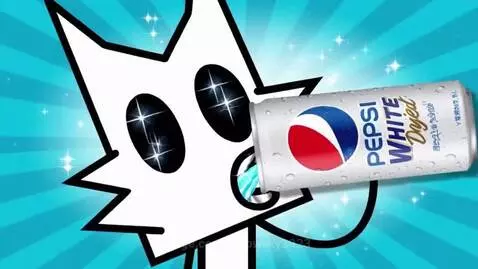 Stick figure character with pointy ears smiling, holding a Pepsi White can, turning white with blue outlines.