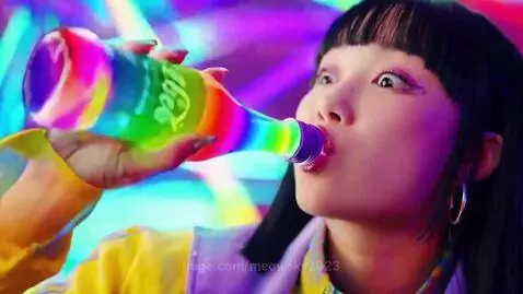 A rainbow-colored Coca-Cola bottle on a neon background with a woman drinking it and animated elements.