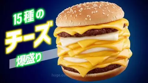 Animated monster character holding a giant cheeseburger with 15 layers of cheese and patties.