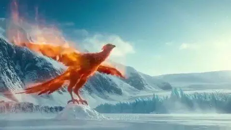 A glowing phoenix with orange and red wings stands on a snowy mountain peak, with icy mountains and a frozen lake in the background.