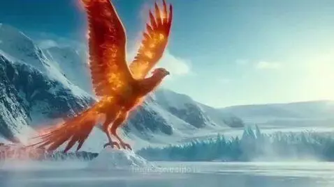 A majestic phoenix with glowing orange and red feathers stands on a snowy mountain peak with a frozen lake below.