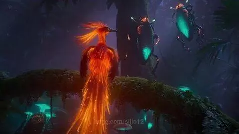Fantasy dark forest scene with a glowing phoenix bird on a branch, large iridescent beetles, and luminous blue mushrooms.