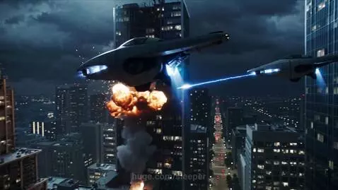 Futuristic alien spaceships firing blue energy beams at a dark, stormy cityscape, causing explosions and destruction.
