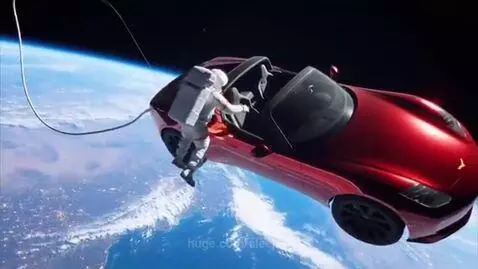 Astronaut in space tethered, approaching and entering a red convertible sports car with Earth visible below.