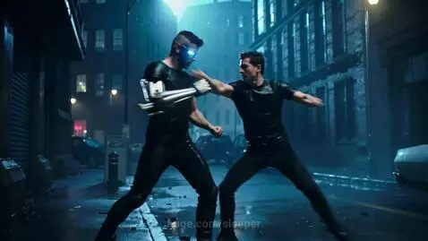 Man with glowing cybernetic eye and arm in tactical suit fighting in a dark, wet city street.