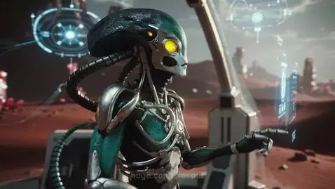 Teal and silver alien with glowing yellow eyes and metallic exoskeleton uses holographic interfaces in a futuristic structure on an alien planet.
