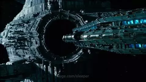 Futuristic starship with blue lights departing a large space station, engines flaring blue and white.