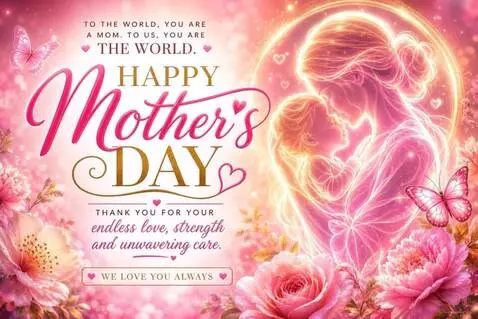 Mother's Day card with mother and child silhouette, pink flowers, and 'Happy Mother's Day' text.
