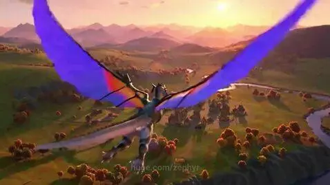 Animated winged creature Zephyr receiving knitted socks from a young boy in a cozy village at sunset.