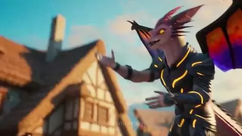 Dragon with colorful wings playing catch with children in a sunny village.
