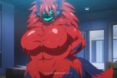 Animated furry character with red and blue fur, glowing blue eyes, pink hair, large shiny red breasts, and muscular abdomen.