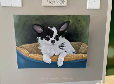 Animated black and white chihuahua stepping out of a painting into a realistic scene.
