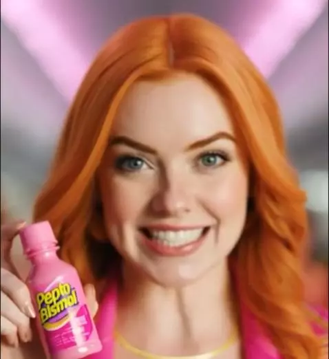 Amber Rosey in pink dancing on an airplane, holding a bottle of Pepto Bismol.