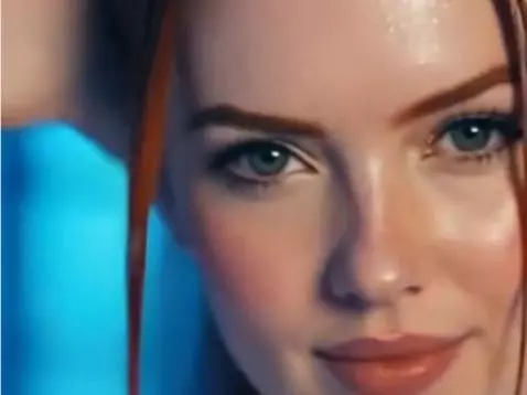 Close-up of Amber Rosey with red hair and blue eyes, appearing sweaty in a doctor-themed look.