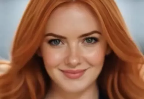 Confident woman with red hair in a blue business suit walks towards the camera, smiling, with changing security door backgrounds.