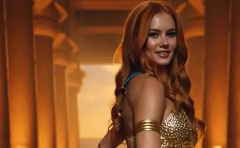 Amber Rose performing a belly dance in a gold sequined top and blue skirt in a grand hall with pillars and robed figures.