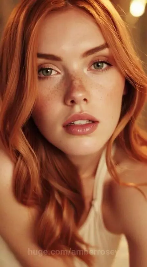 Woman with long wavy red hair, green eyes, and freckles, wearing a white halter top, smiling gently.