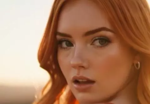 Woman with long red hair wearing black shorts and a reddish-brown top smiles suggestively over her shoulder outdoors.