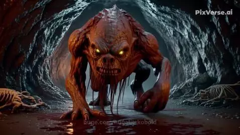 A grotesque zombie creature with glowing yellow eyes and sharp teeth crawls on all fours in a dark, torch-lit dungeon.