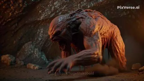 A large, monstrous creature with sharp teeth and claws crawling in a dark cave, illuminated by flickering torchlight.