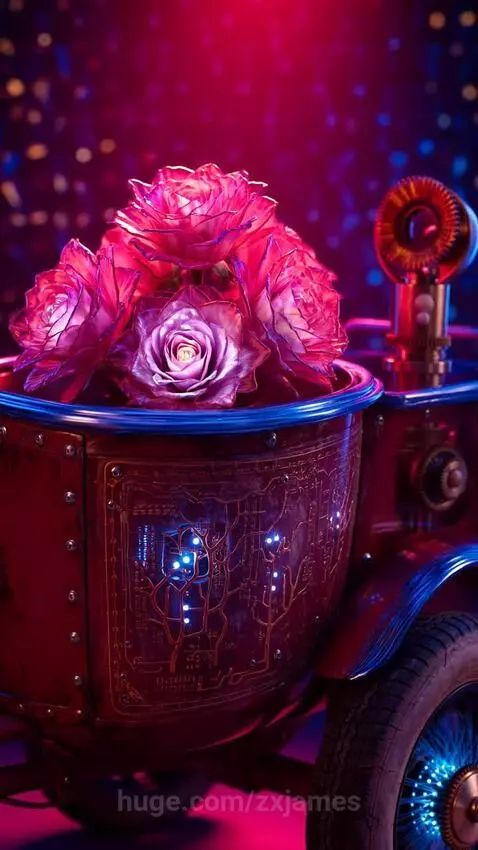 Close-up of a bio-mechanical planter chassis resembling a Radio Flyer wagon with glowing roses and detailed circuitry.