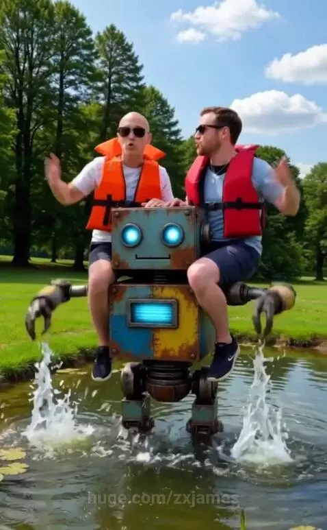 Two men in life jackets ride a blue and yellow robot with glowing eyes through a pond with lily pads.