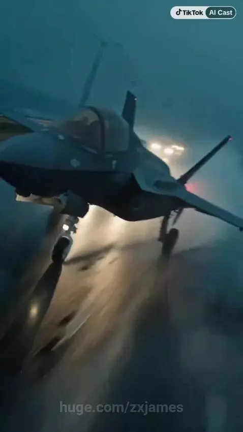 Two fighter jets racing down a wet road at dusk, sparks flying from landing gear.