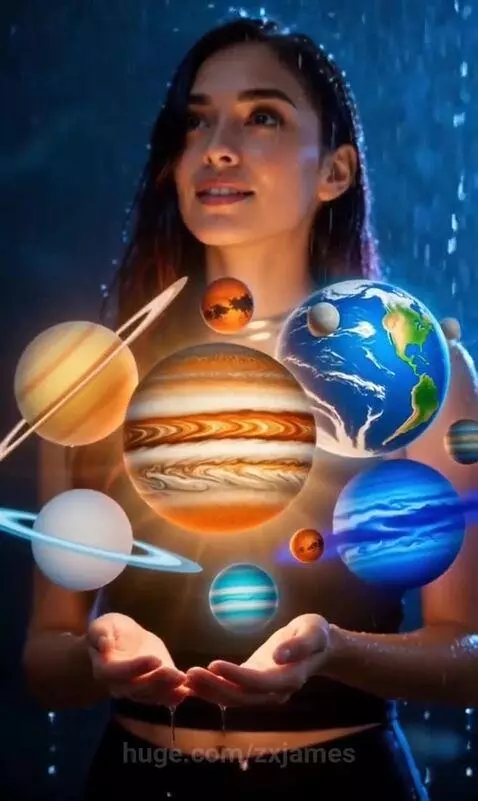 Woman holding glowing planets and a sun against a swirling galaxy background.