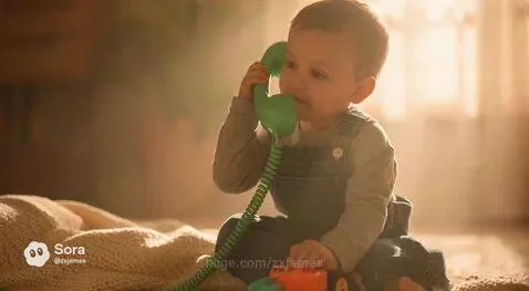 Man in a forest speaking into a vintage green telephone, with a toddler smiling at a similar phone indoors.