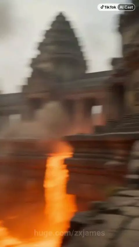 Two men running from a collapsing ancient temple with lava flowing, then a jeep driving through a muddy jungle path with explosions.