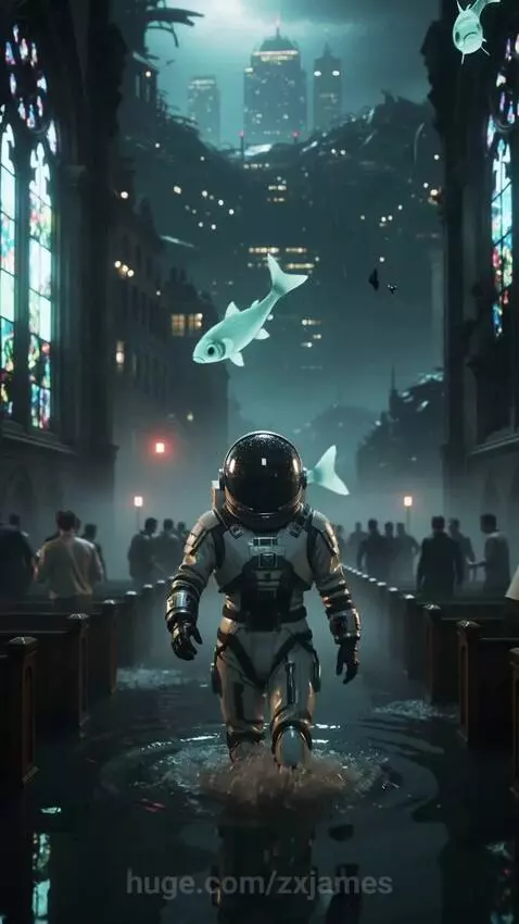 Astronaut in a flooded neon cathedral with holographic fish, futuristic city collapsing in background.