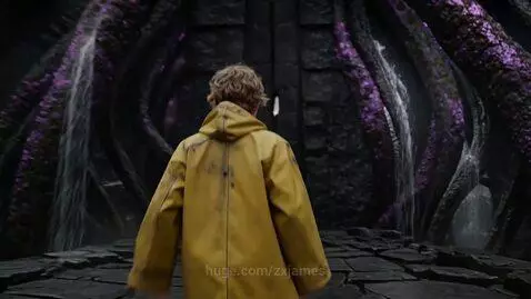 Child in yellow raincoat facing a massive, opening biomechanical door revealing a cosmic landscape with flying whales.