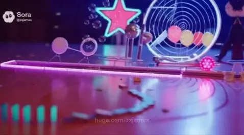 Woman in pink tutu playing guitar in front of a neon Rube Goldberg machine with confetti falling.