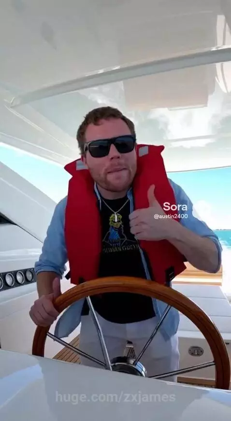Two men in life jackets and sunglasses on a luxury boat, smiling with a city skyline in the background during sunset.
