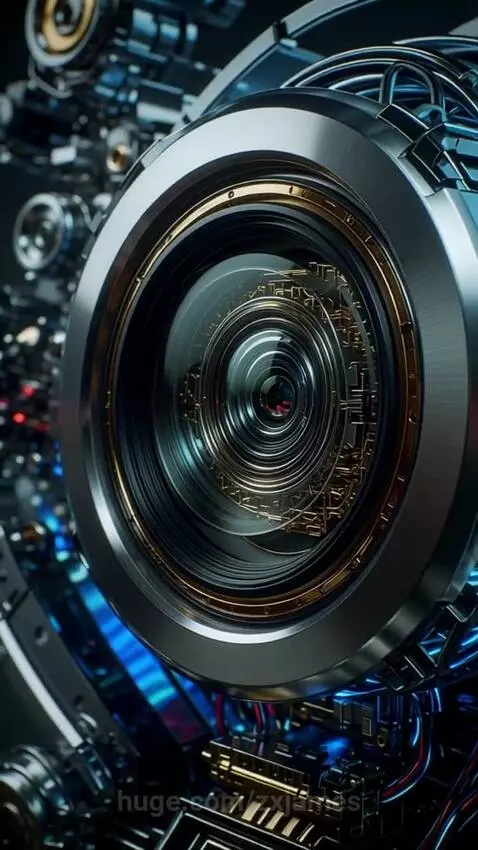 Extreme macro shot of a cybernetic eye with interlocking iris diaphragms, nested lenses, and glowing fiber optics.