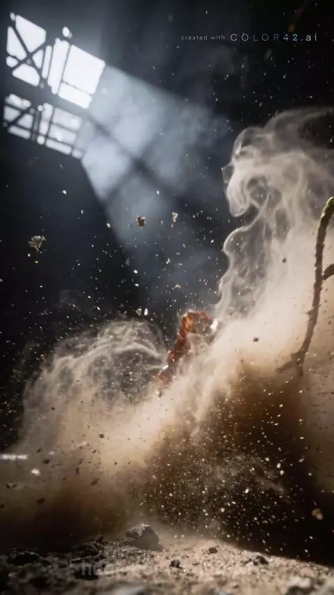 A green sprout emerges from scorched earth with sunlight and smoke in the background.