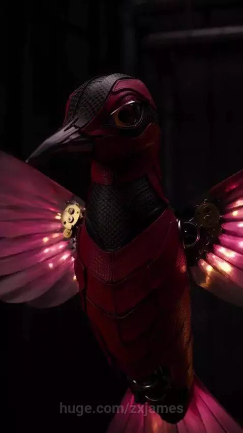 Close-up of a detailed robotic hummingbird with glowing pink wings and visible mechanical gears.