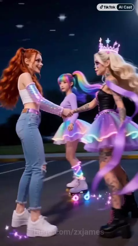 Three animated magical friends in colorful outfits, one on roller skates, another with a wand, flying on clouds.
