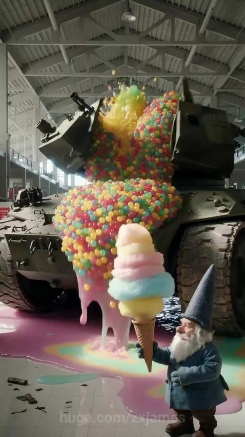 A military tank opens to spill colorful candy, with a gnome swirling it into cotton candy and a zebra transforming into a flamingo.