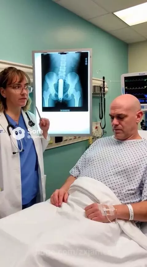 Doctor points to X-ray showing a corn on the cob in a patient's pelvic area. Patient looks embarrassed.
