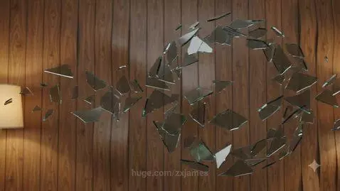 Abstract 1970s surreal animation featuring a translucent amber cushion and swirling glass shards.