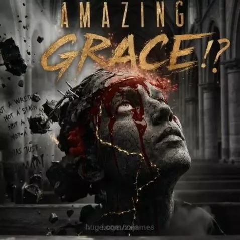 Artistic stone figure with crown of thorns, cracked face revealing gold, and glowing red substance flowing from head.